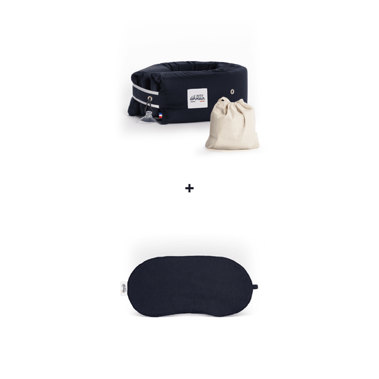 3-in-1 Travel Pillow & Sleep Mask Bundle – Adjustable Neck Support & Total Blackout, Made in France – Le Petit Dormeur, Cotton Navy - Gift Sets - Maison Pont