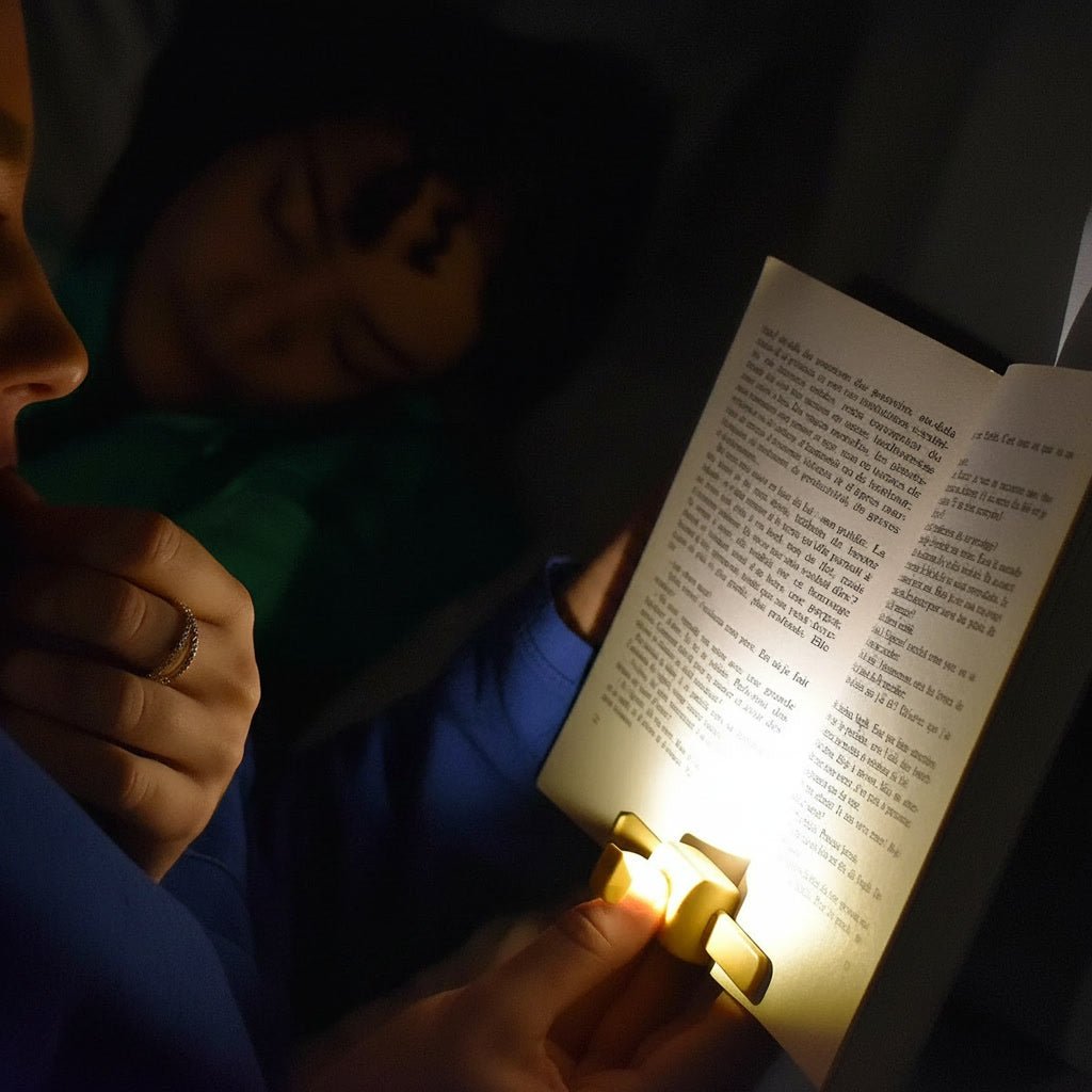Lizia 3-in-1 book light detail — lightweight clip-on design for bedtime reading (shown in purple)