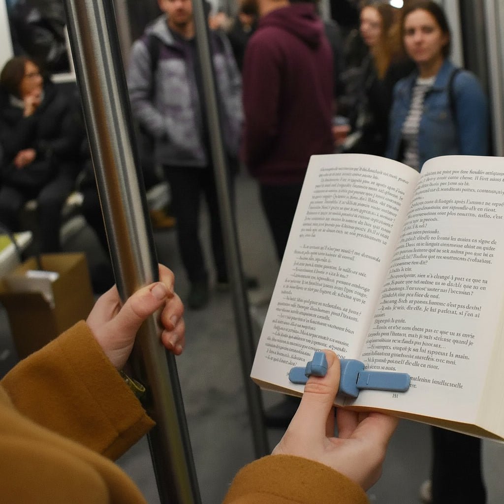 Lizia 3-in-1 rechargeable book light in use — warm LED reading light, made in France (shown in purple)